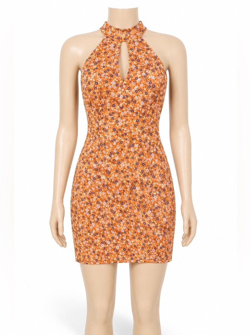 FORE Anthropologie Orange Floral Halter Keyhole Mini Dress Size L